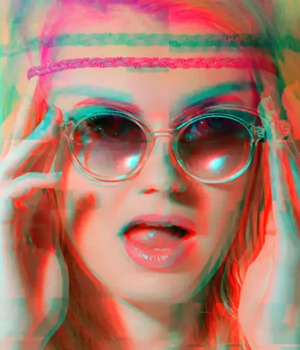 steps together green woman suffering from noise large amounts information glitch