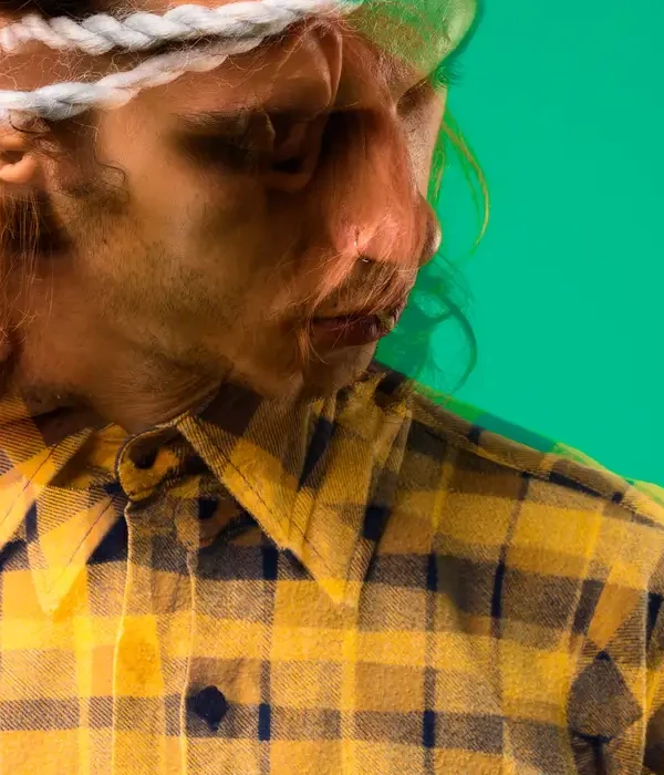 steps together green yellow portrait woman against blue background