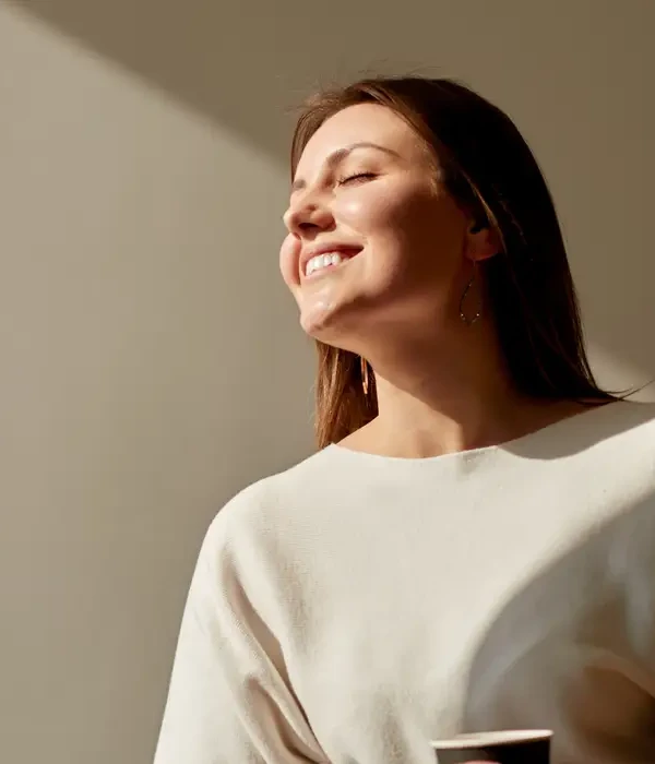 steps together hand happy woman enjoying morning coffee cafe