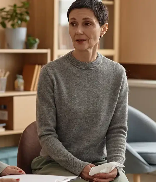 steps together hand therapy mature woman talking female psychologist