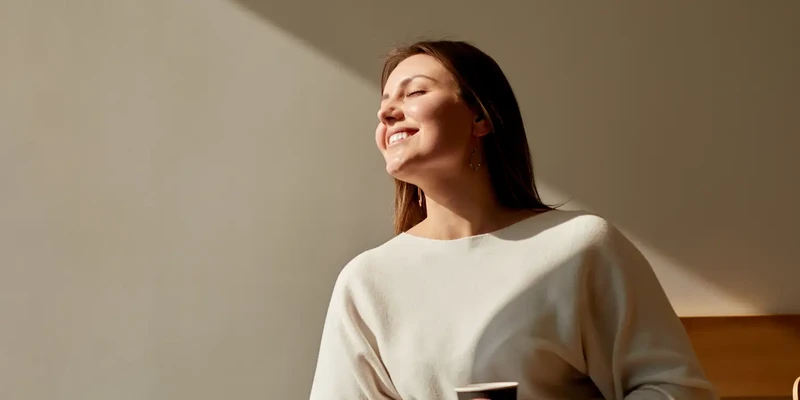 steps together happy woman enjoying morning coffee cafe