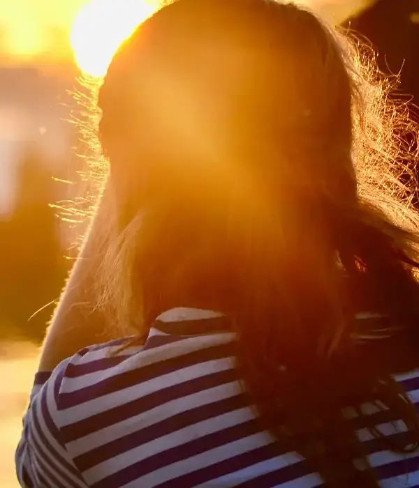 steps together lake rear view woman against sky sunset
