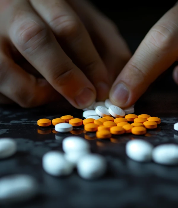 steps together opioid person is picking up pills from pile pills