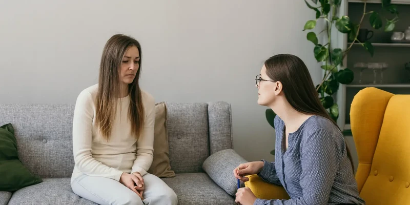 steps together therapy depressed female patient tells professional psychologist about problems