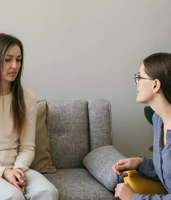 steps together therapy depressed female patient tells professional psychologist about problems