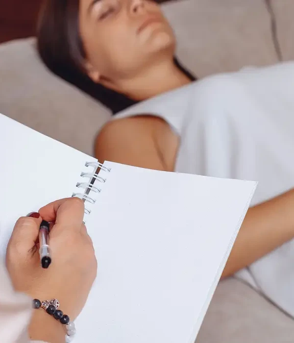 steps together therapy pretty young woman lying couch reception with psychotherapist