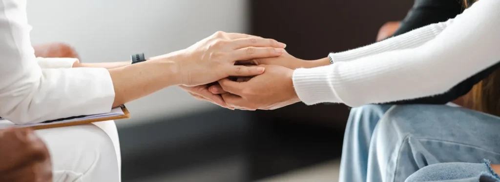 steps together therapy psychologist holding hands provide assistance understanding problems woman